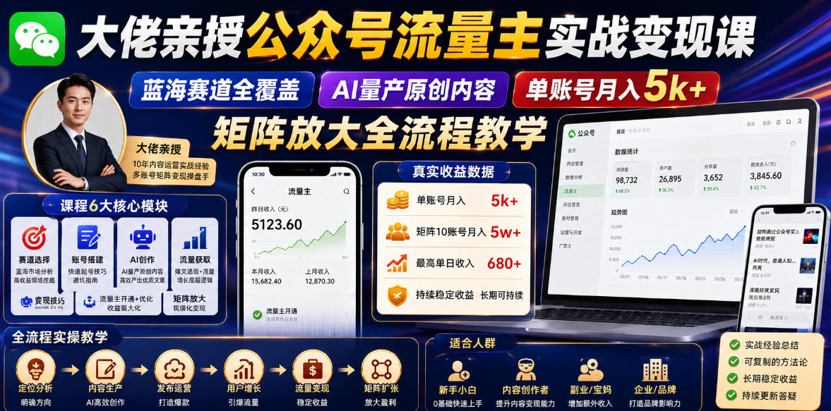 大佬亲授公众号流量主实战变现课,蓝海赛道全覆盖,AI量产原创内容,单账号月入5k+矩阵放大全流程教学-伏羲SAAS