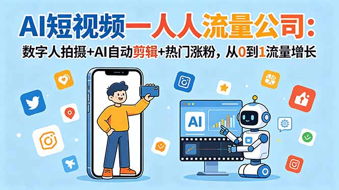 AI短视频一人流量公司:数字人拍摄+AI自动剪辑+热门涨粉,从0到1流量增长-伏羲SAAS