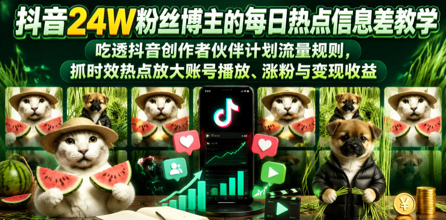抖音24W粉丝博主的每日热点信息差教学，吃透创作者伙伴计划流量规则，抓时效热点放大账号播放、涨粉与变现收益(更新)-伏羲SAAS