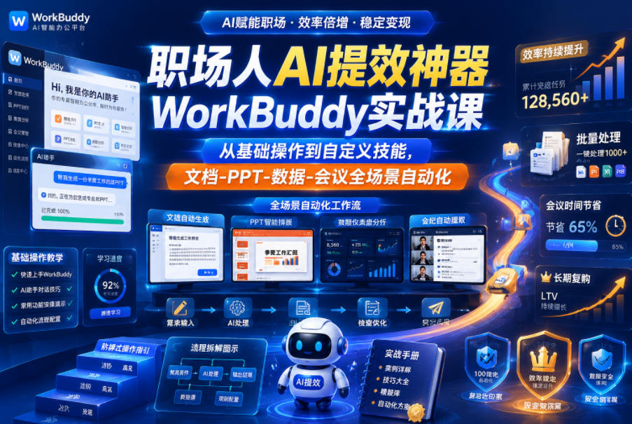 职场人AI提效神器WorkBuddy实战课，从基础操作到自定义技能，文档-PPT-数据-会议全场景自动化-伏羲SAAS