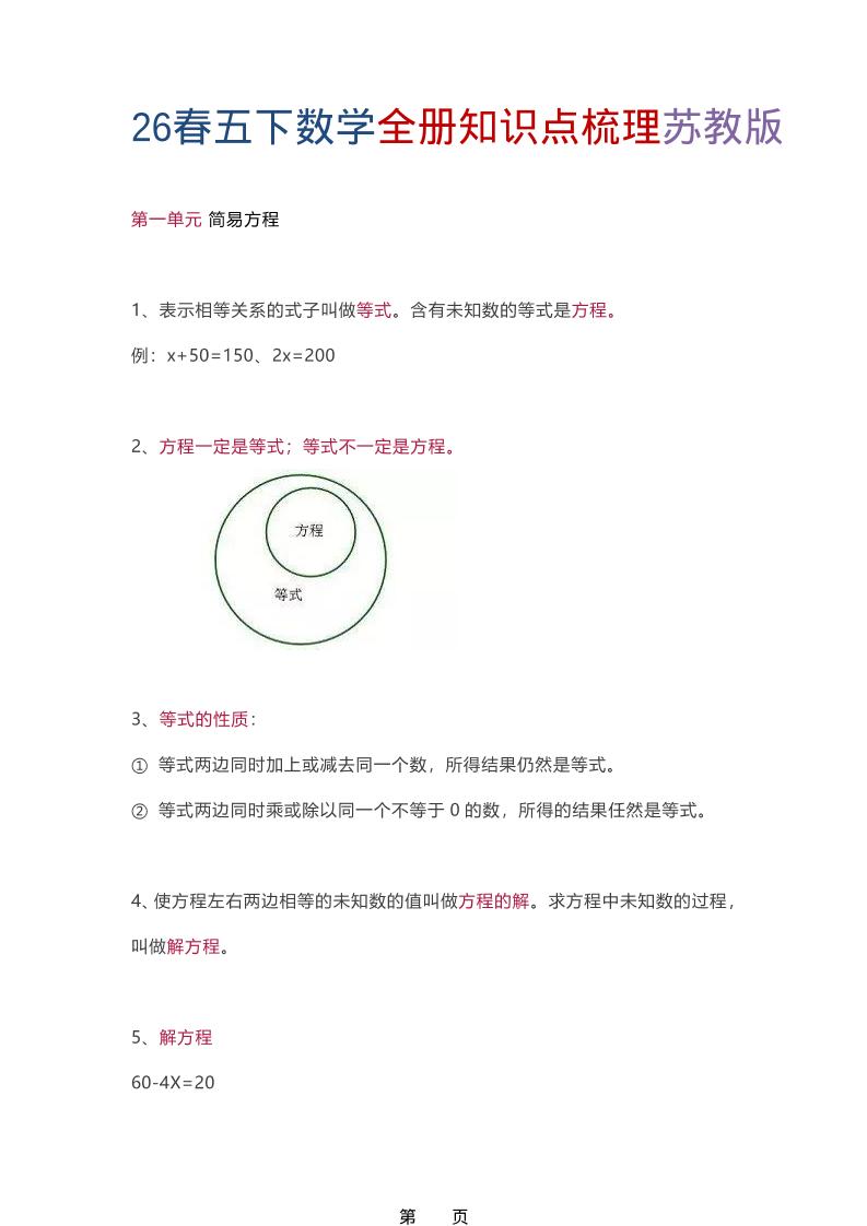 26春五年级下数学全册知识点梳理《苏教版》-伏羲SAAS