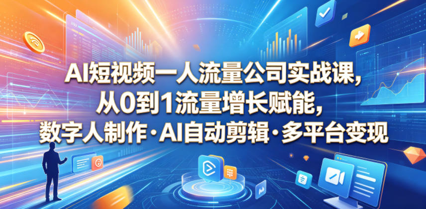 AI短视频一人流量公司实战课，从0到1流量增长赋能，数字人制作・AI自动剪辑・多平台变现，一人做流量生意全落地教程-伏羲SAAS