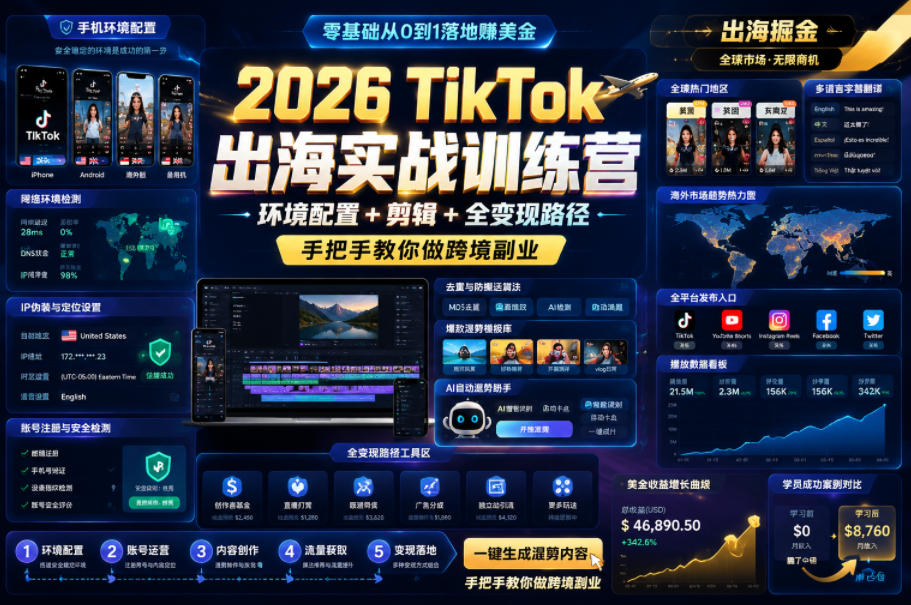 2026 TikTok出海实战训练营,环境配置 + 剪辑 + 全变现路径,手把手教你做跨境副业-伏羲SAAS