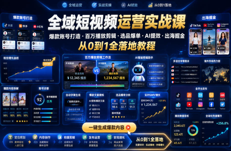 全域短视频运营实战课,爆款账号打造・百万播放剪辑・选品爆单・AI提效・出海掘金,从0到1全落地教程-伏羲SAAS