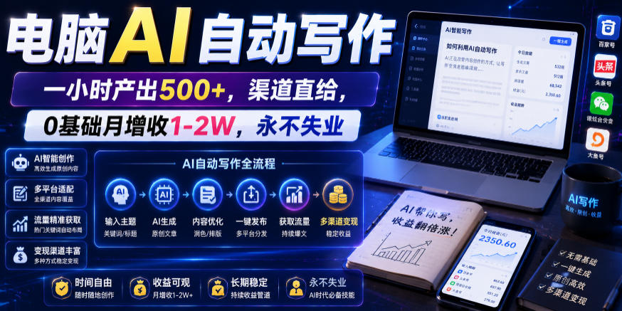 电脑AI自动写作,一小时产出500+,渠道直给,0基础月增收1-2W,永不失业【揭秘】-伏羲SAAS