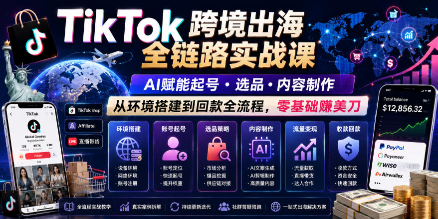 TikTok跨境出海全链路实战课,AI赋能起号・选品・内容制作,从环境搭建到回款全流程,零基础賺美刀-伏羲SAAS