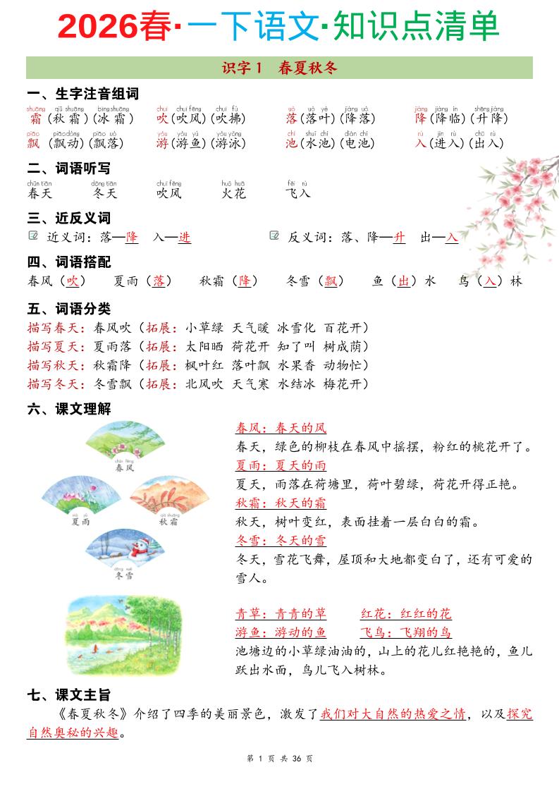 26春一年级下语文期末复习知识点清单-伏羲SAAS