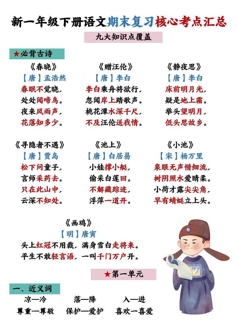 26春一年级下语文期末复习核心考点汇总-伏羲SAAS