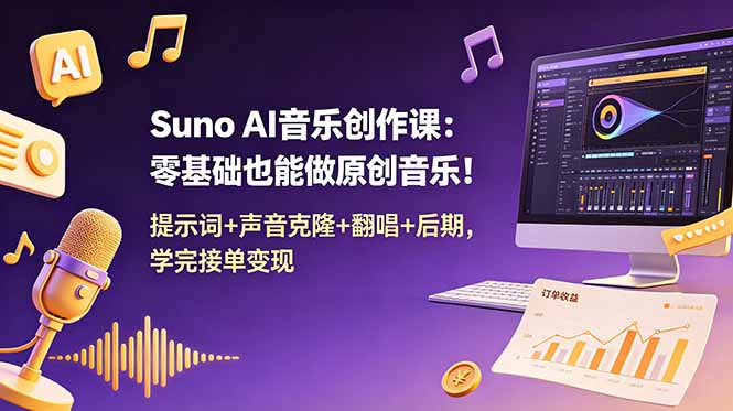 Suno AI音乐创作课:零基础也能做原创音乐!提示词+声音克隆+翻唱+后期,学完接单变现-伏羲SAAS