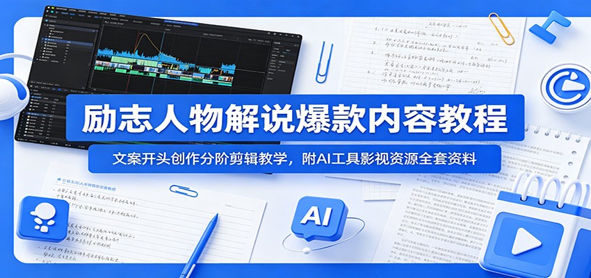 励志人物解说爆款内容教程：文案开头创作分阶剪辑教学，附AI 工具影视资源全套资料-伏羲SAAS