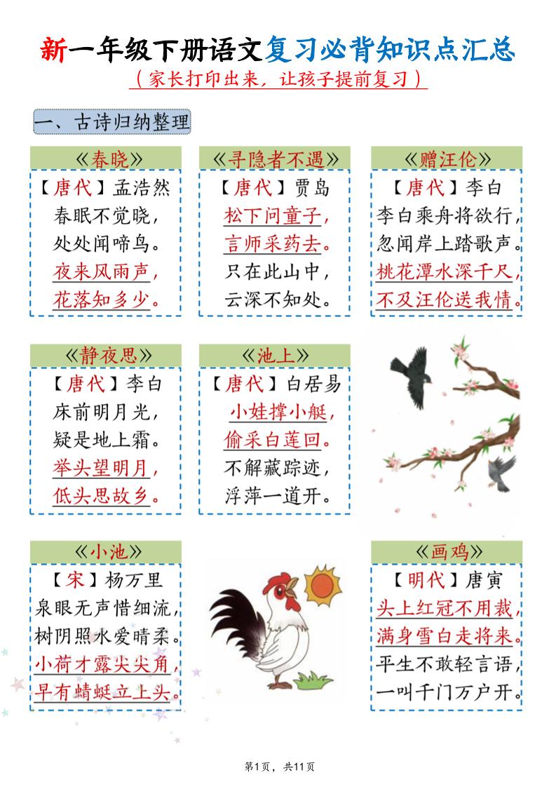 新一年级下册语文复习必背知识点汇总-伏羲SAAS
