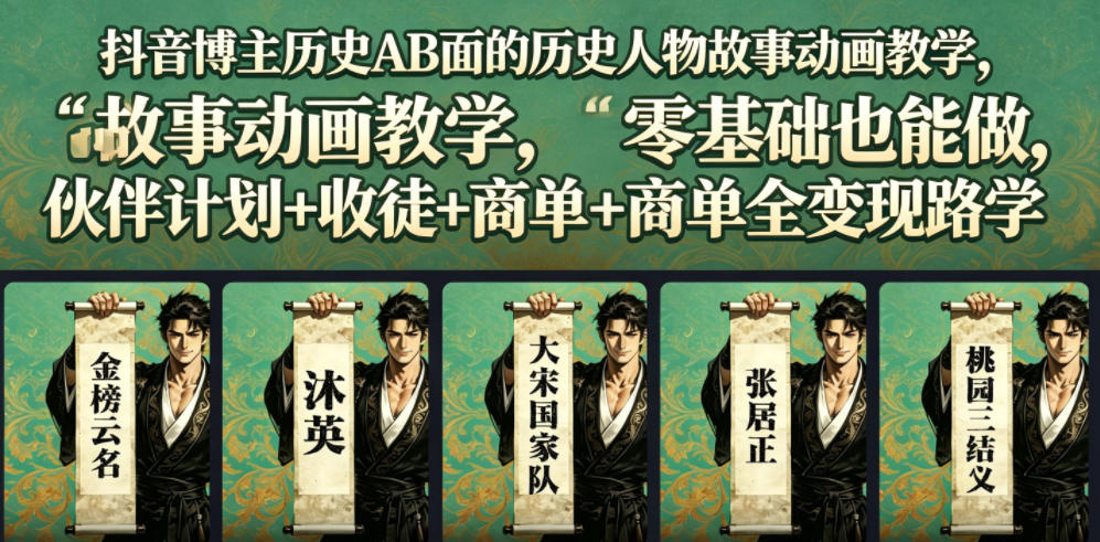 抖音博主历史AB面的历史人物故事动画教学，零基础也能做，伙伴计划+收徒+商单全变现路径教学-伏羲SAAS