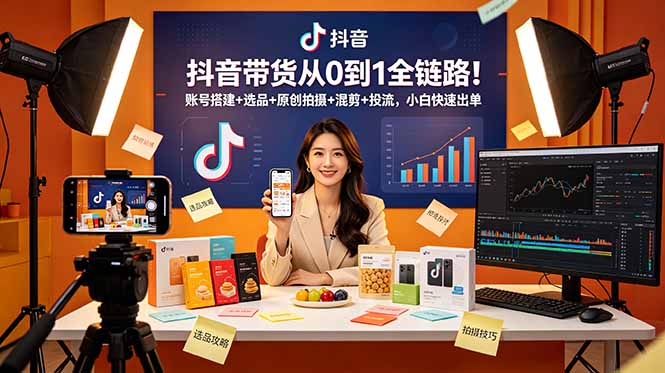 抖音带货从0到1全链路！账号搭建+选品+原创拍摄+混剪+投流，小白快速出单-伏羲SAAS