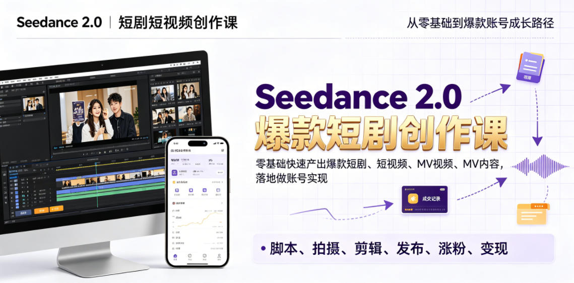 Seedance 2.0短剧短视频创作课,零基础快速产出爆款短剧、短视频、MV内容,落地做账号实现变现-伏羲SAAS