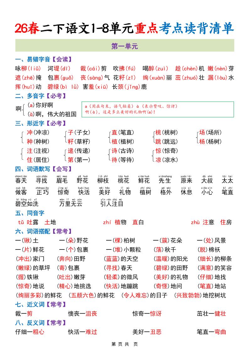 二年级下语文期末复习1-8单元重点考点读背清单-伏羲SAAS