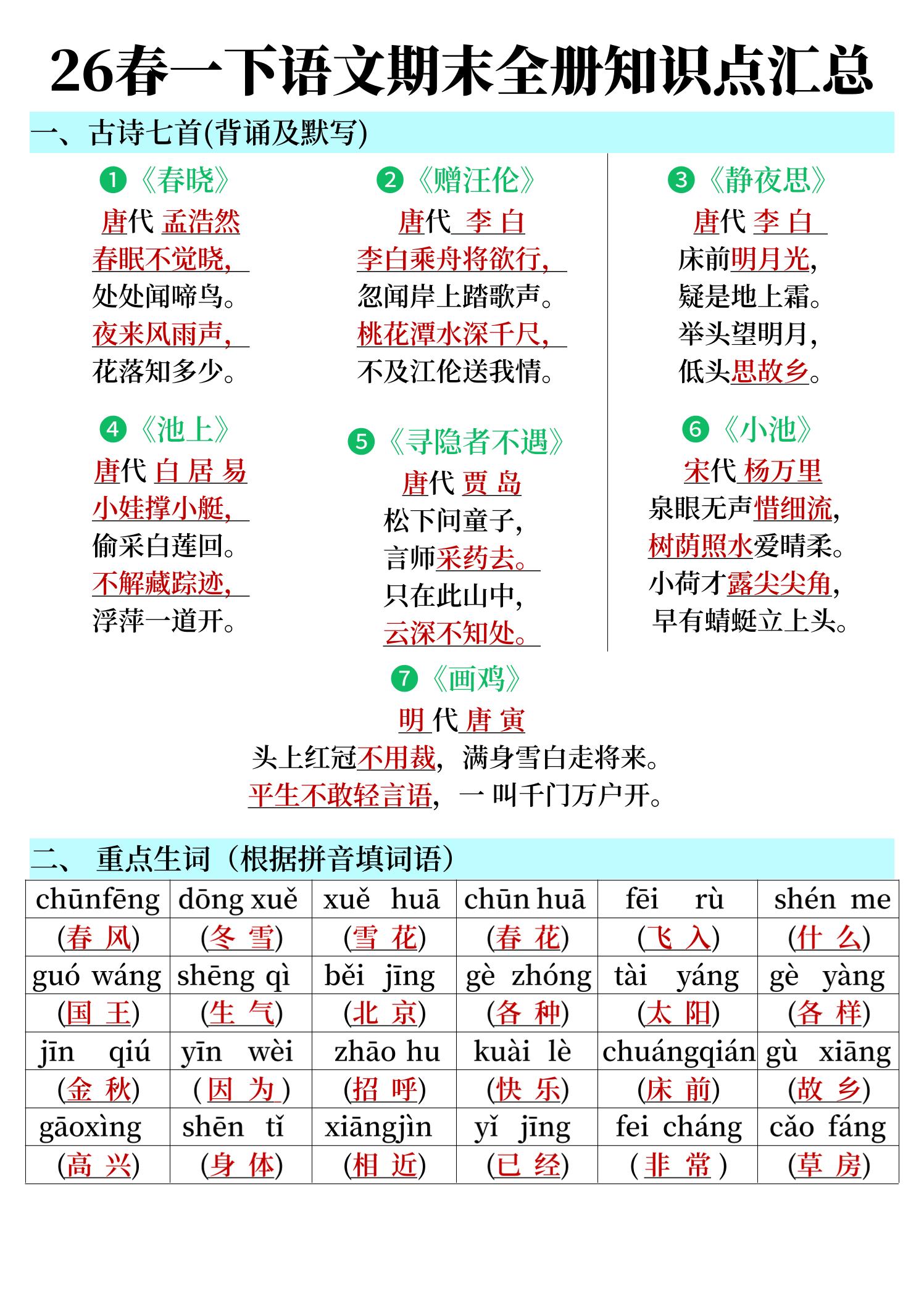 26春一下语文期末全册知识点汇总-伏羲SAAS