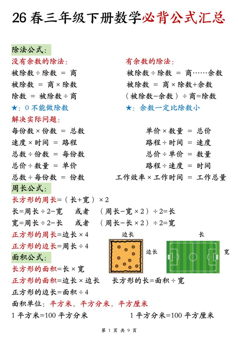 26春三年级下数学期末必背公式汇总-伏羲SAAS