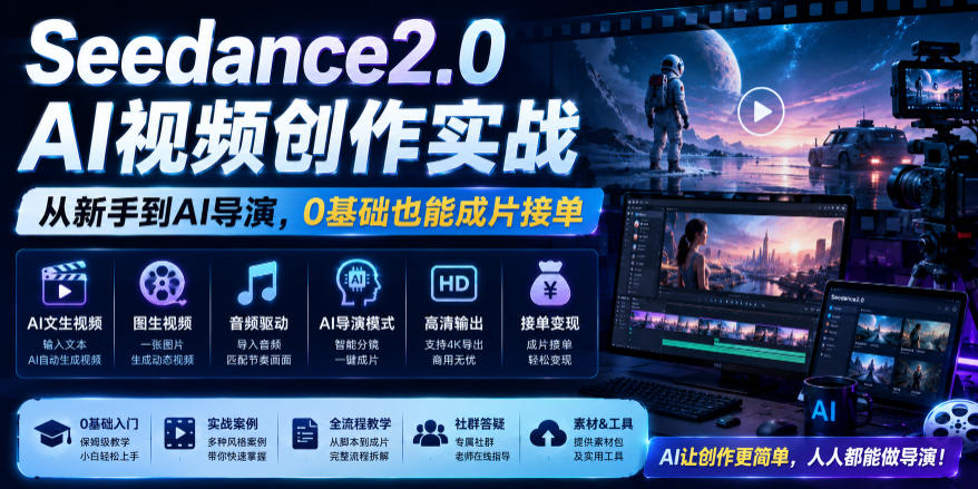 Seedance2.0 AI视频创作实战,从新手到AI导演,0基础也能成片接单变现-伏羲SAAS