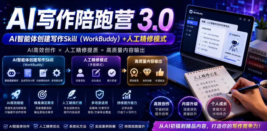 AI写作陪跑营3.0,Ai智能体创建写作skill(workbuddy)+人工手写模式(手搓模式),去除AI痕迹(头条号、公众号、百家号)-伏羲SAAS