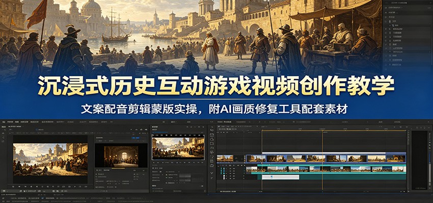 沉浸式历史互动游戏视频创作教学:文案配音剪辑蒙版实操,附AI画质修复工具配套素材-伏羲SAAS