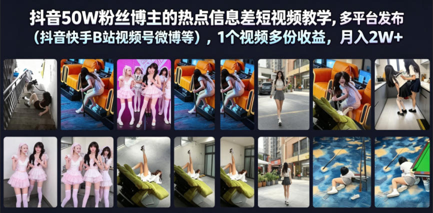 抖音50W粉丝博主的热点信息差教学,多平台发布(抖音快手B站视频号微博等),1个视频多份收益,月入2W+-伏羲SAAS