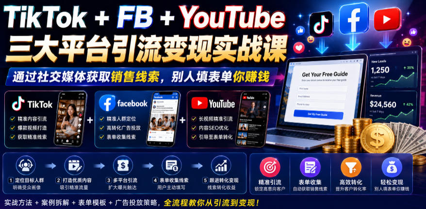 TikTok+FB+YouTube三大平台引流变现实战课,通过社交媒体获取销售线索,别人填表单你賺钱【原创双语字幕】-伏羲SAAS