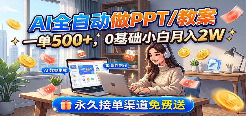 AI全自动做PPT/教案，一单500+，0基础小白月入2W，永久接单渠道免费送-伏羲SAAS
