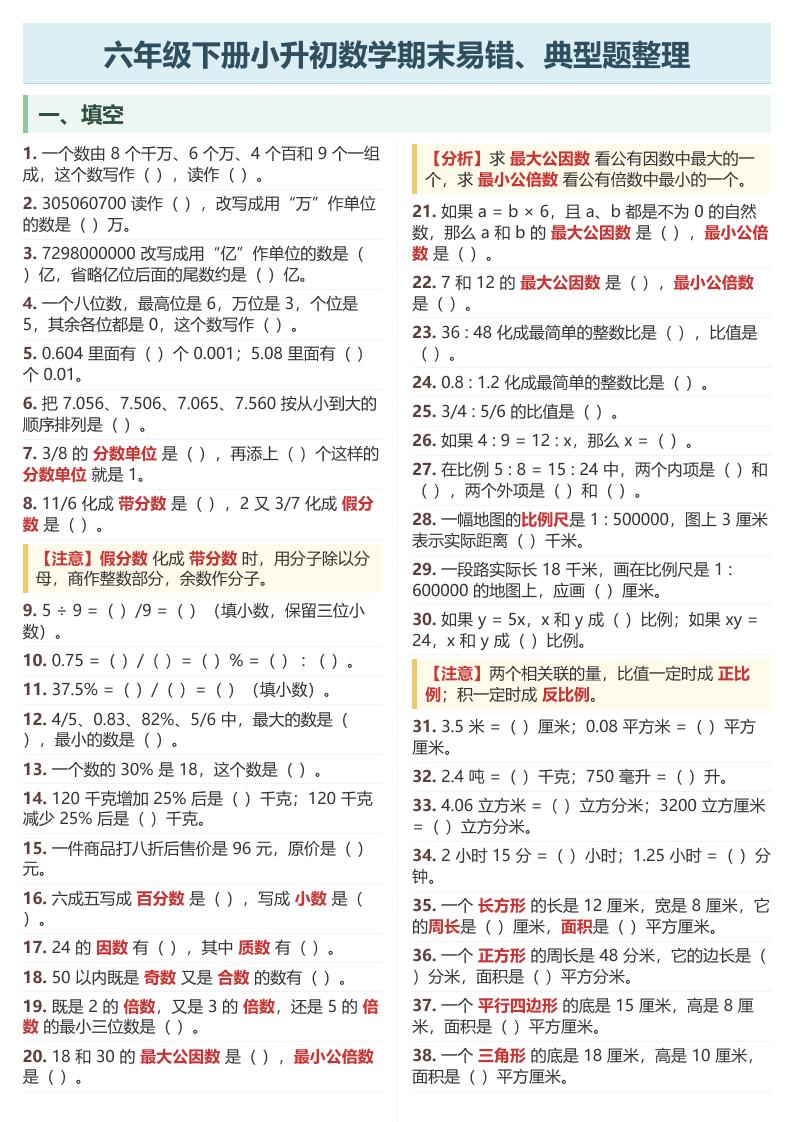 六年级下数学期末常考易错、典型题整理-伏羲SAAS
