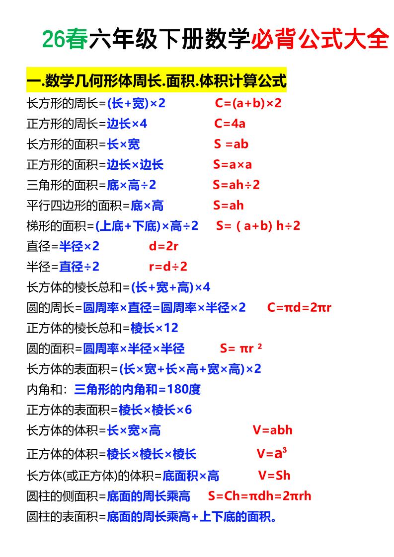 26春六年级下数学期末必背公式大全-伏羲SAAS