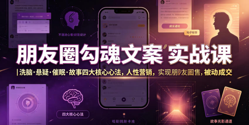 朋友圈勾魂文案实战课｜洗脑·悬疑·催眠·故事四大核心心法，吃透人性营销，实现朋友圈不销而售被动成交-伏羲SAAS