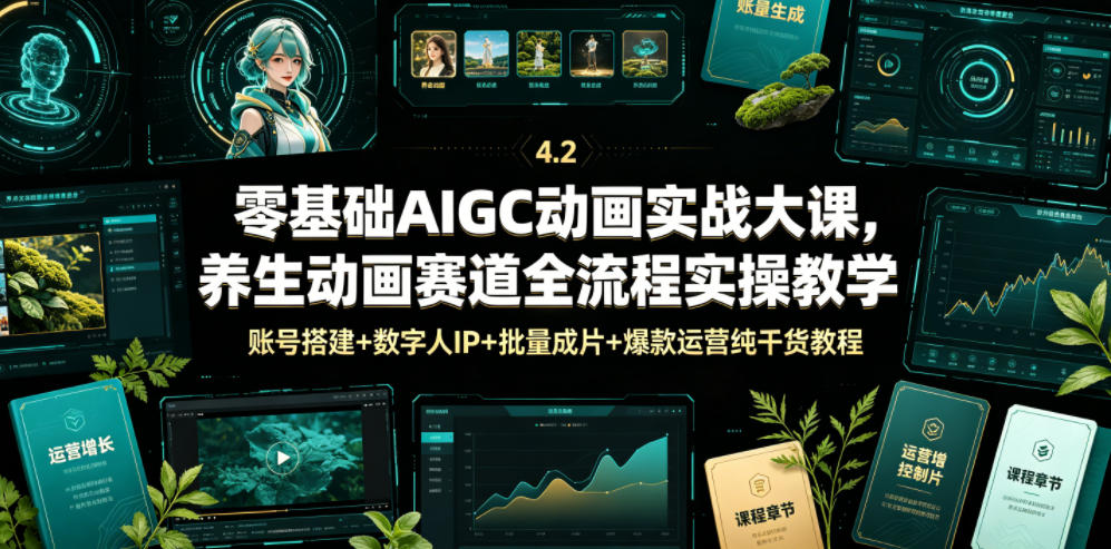 零基础AIGC动画实战大课，养生动画赛道全流程实操教学，账号搭建+数字人IP+批量成片+爆款运营纯干货教程-伏羲SAAS