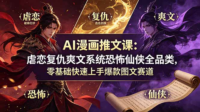 AI漫画推文课：虐恋复仇爽文系统恐怖仙侠全品类，零基础快速上手爆款图文赛道-伏羲SAAS