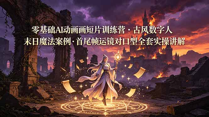 零基础AI动画短片训练营，古风数字人末日魔法案例，首尾帧运镜对口型全套实操讲解-伏羲SAAS