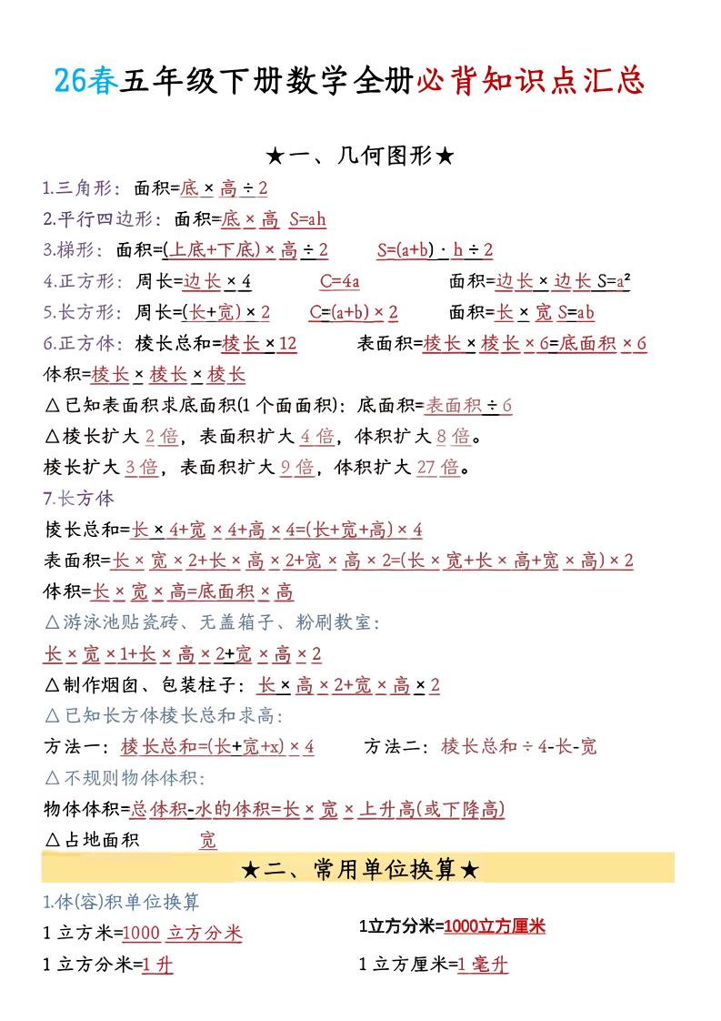 26春五年级下数学期末必背公式汇总-伏羲SAAS