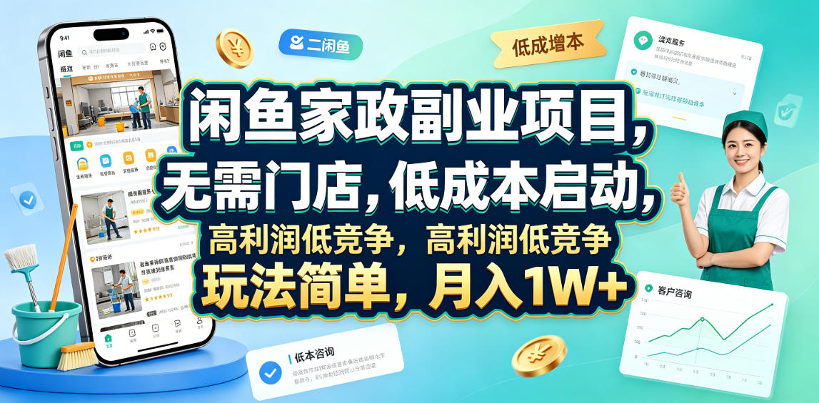 闲鱼家政副业项目，无需门店，低成本启动，高利润低竞争，玩法简单，月入1W+-伏羲SAAS