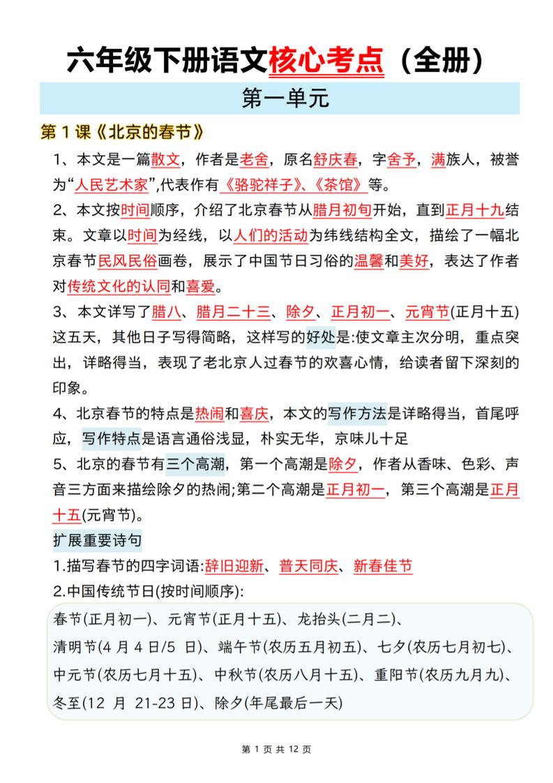 六年级下语文期末全册课文核心考点-伏羲SAAS