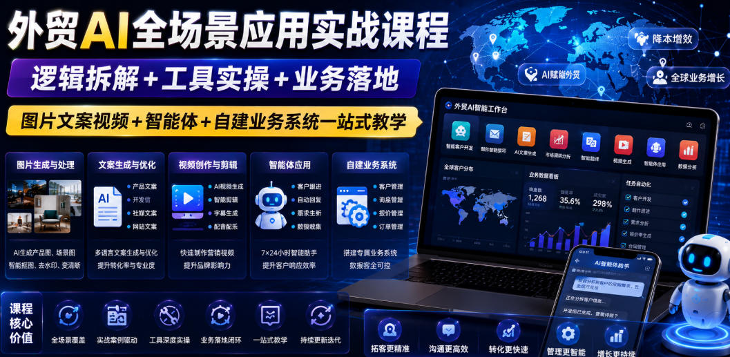 外贸AI全场景应用实战课程｜逻辑拆解+工具实操+业务落地，图片文案视频+智能体+自建业务系统一站式教学-伏羲SAAS