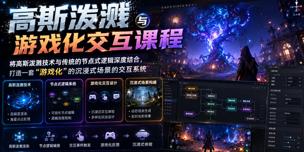 高斯泼溅与游戏化交互课程，将高斯泼溅技术与传统的节点式逻辑深度结合，打造一套“游戏化”的沉浸式场景的交互系统-伏羲SAAS