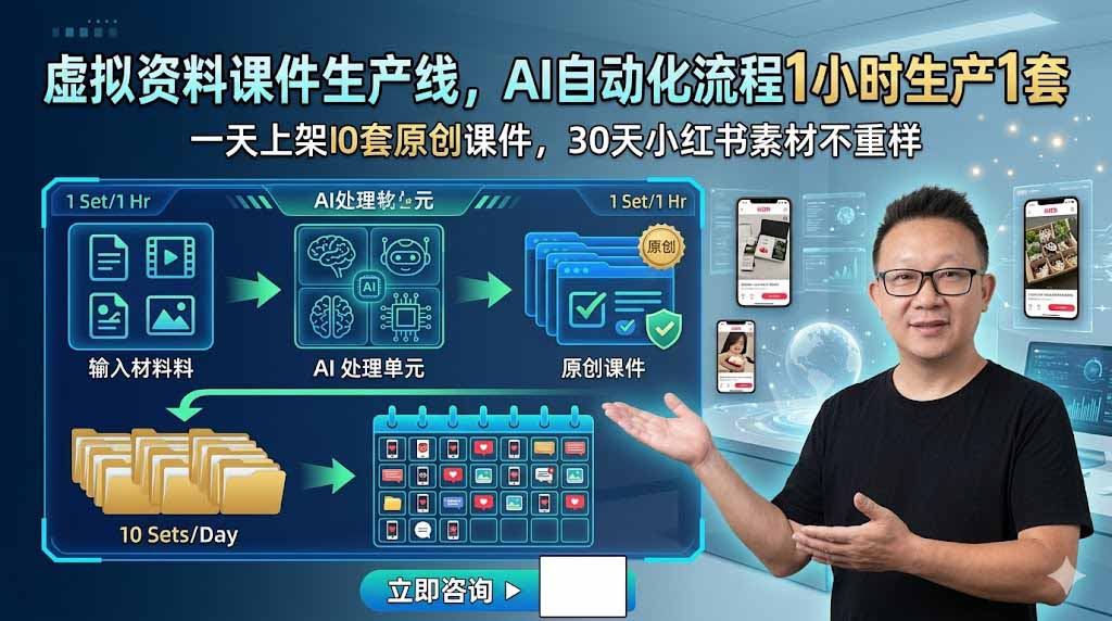 虚拟资料课件生产线，AI自动化流程1小时生产1套，一天上架10套原创课件，30天小红书素材不重样-伏羲SAAS