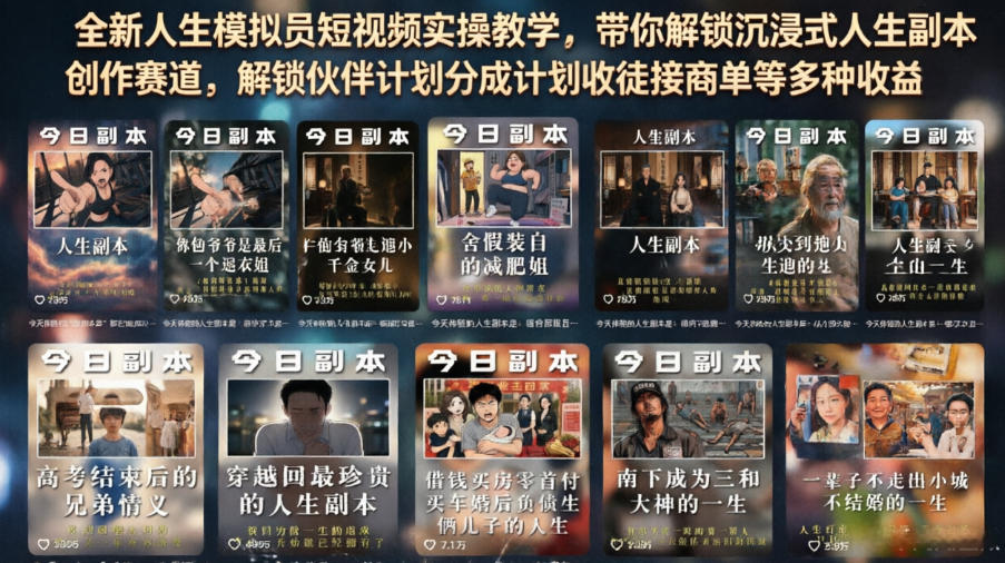 全新人生模拟员短视频实操教学，带你解锁沉浸式人生副本创作赛道，解锁伙伴计划分成计划收徒接商单等多种收益-伏羲SAAS