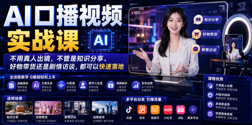 AI口播视频实战课，不用真人出镜，不管是知识分享、好物带货还是剧情访谈，都可以快速落地-伏羲SAAS