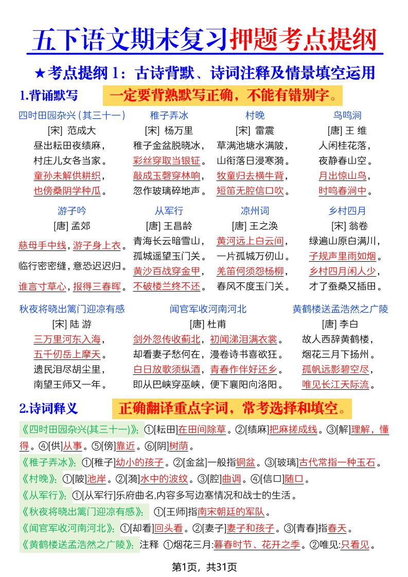 26春五年级下语文期末复习押题考点提纲-伏羲SAAS