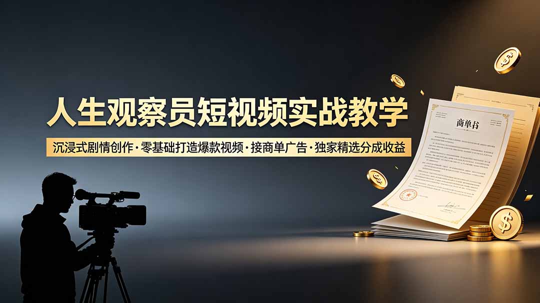 人生观察员短视频实战教学，沉浸式剧情创作，零基础打造爆款视频，接商单广告，独家精选分成收益-伏羲SAAS
