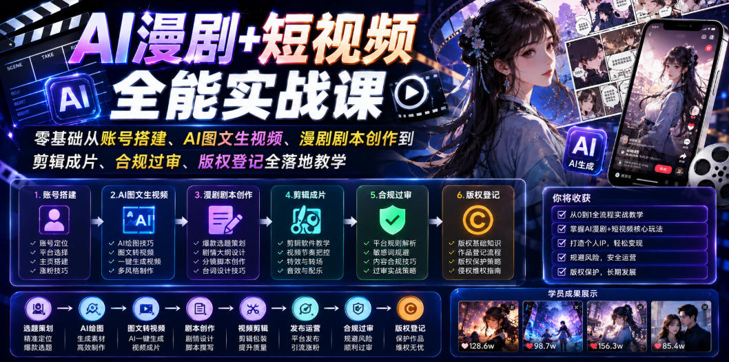 AI漫剧+短视频全能实战课｜零基础从账号搭建、AI图文生视频、漫剧剧本创作到剪辑成片、合规过审、版权登记全落地教学-伏羲SAAS
