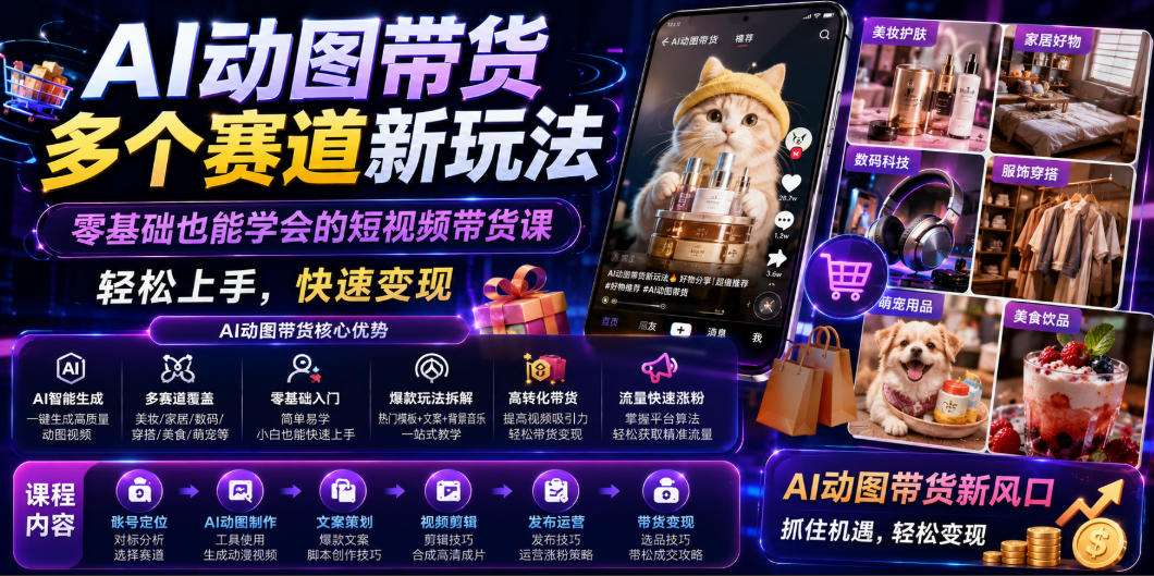 AI动图带货多个赛道新玩法，零基础也能学会的短视频带货课，轻松上手，快速变现-伏羲SAAS