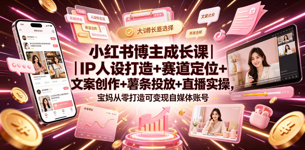 小红书博主成长课｜IP人设打造+赛道定位+文案创作+薯条投放+直播实操，宝妈从零打造可变现自媒体账号-伏羲SAAS