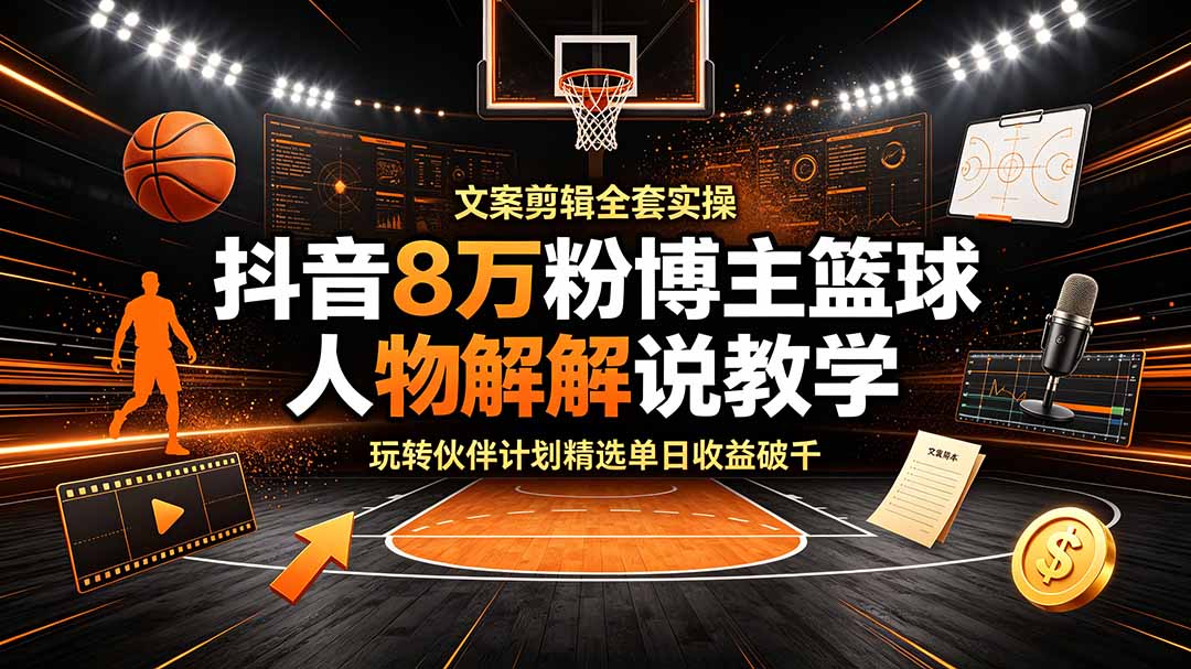 抖音8万粉博主篮球人物解说教学，文案剪辑全套实操，玩转伙伴计划精选单日收益破千-伏羲SAAS