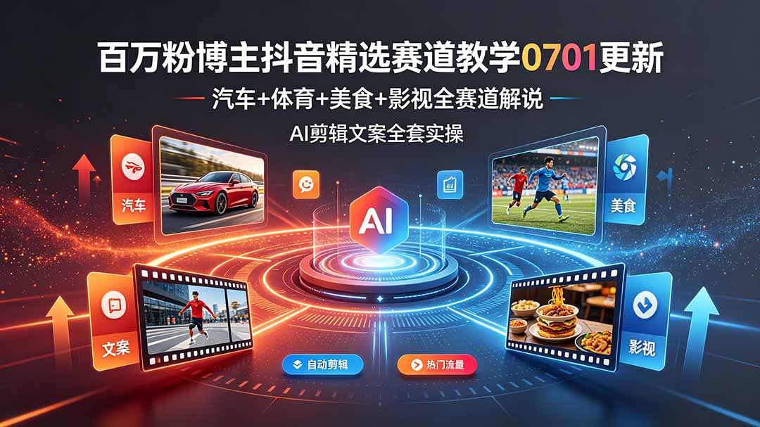 百万粉博主抖音精选赛道教学-0701更新，汽车+体育+美食+影视全赛道解说，AI剪辑文案全套实操-伏羲SAAS