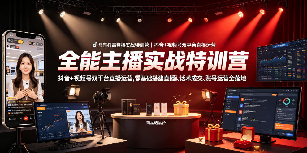 全能主播实战特训营｜抖音+视频号双平台直播运营，零基础搭建直播间、精准选品、话术成交、账号运营全落地-伏羲SAAS