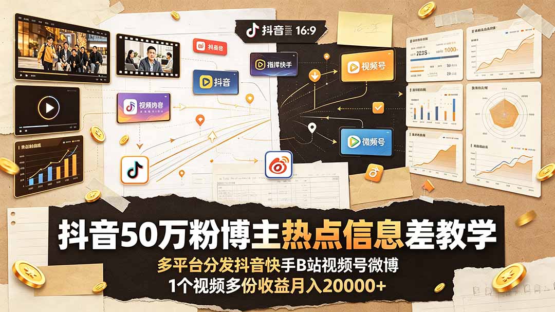 抖音50万粉博主热点信息差教学：多平台分发抖音快手B站视频号微博，1个视频多份收益月入20000+-伏羲SAAS